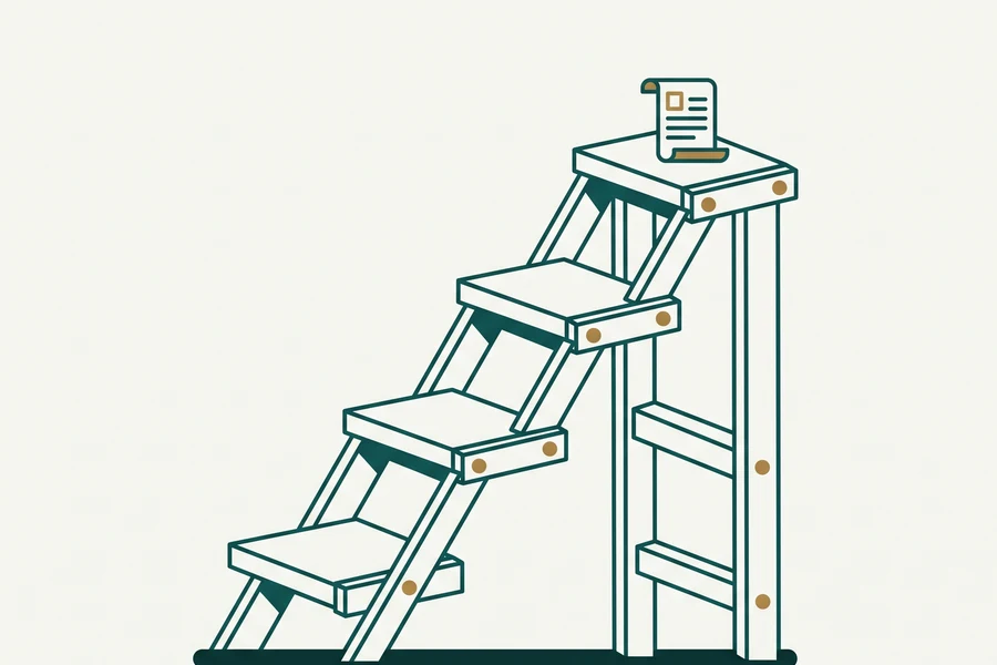 A four-rung stepped ladder, each step higher and narrower than the last, with a certificate resting on the top platform, illustrating that the ICA AML ladder is a sequence of rungs rather than one single qualification.